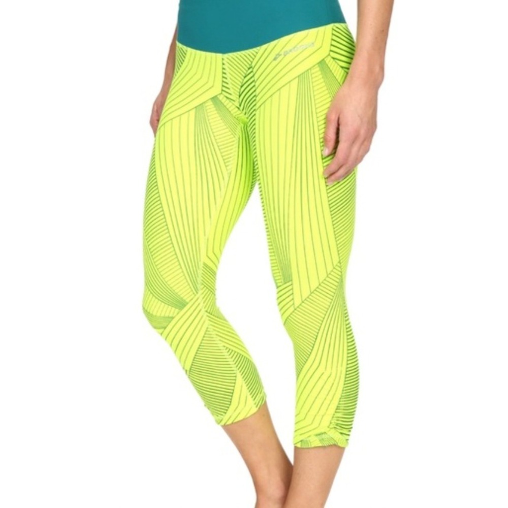 BROOKS Gorpcore Leggings Women L Neon Yellow Cropped Geometric Athletic Running